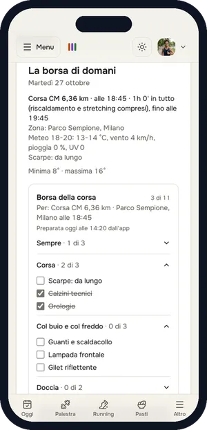 La pagina Borsa di allenario sul telefono, con la borsa di domani per una corsa alle 18:45 e le voci del gruppo «Col buio e col freddo» da spuntare