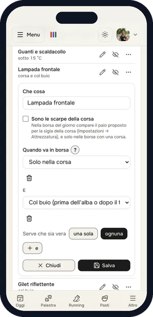 La voce Lampada frontale aperta in allenario, con le condizioni «Solo nella corsa» e «Col buio» e l’opzione «ognuna» scelta