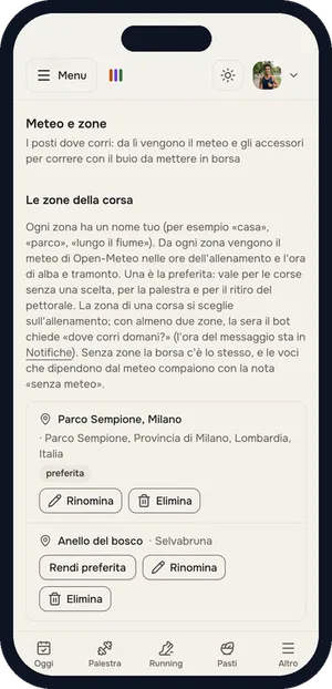 La pagina Meteo e zone di allenario sul telefono, con due zone della corsa e una segnata come preferita