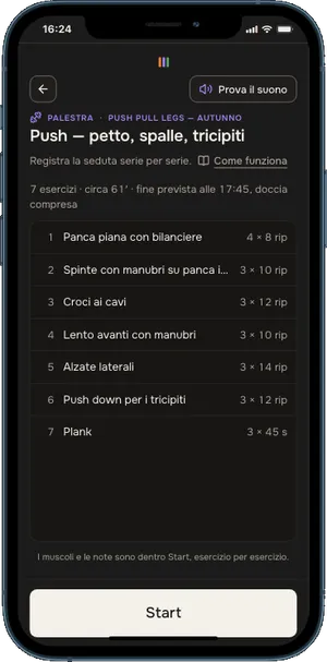 La schermata di Start prima di cominciare: sette esercizi della seduta Push, circa 61 minuti, fine prevista alle 17:45, doccia compresa