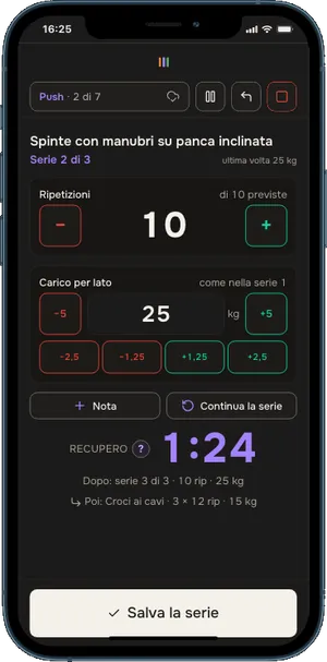 Il recupero in Start: le ripetizioni e il carico da confermare con i tasti − e +, il pulsante Nota e il conto alla rovescia