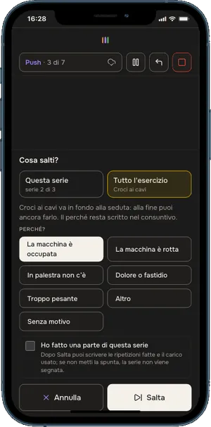 La schermata Salta di Start: si sceglie fra questa serie e tutto l’esercizio, e il perché, con la macchina occupata, la macchina rotta, dolore o fastidio e altri motivi